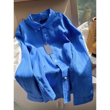 復古港風2025春秋新款克萊因藍色襯衫女外套襯衣防曬棉麻長袖上衣