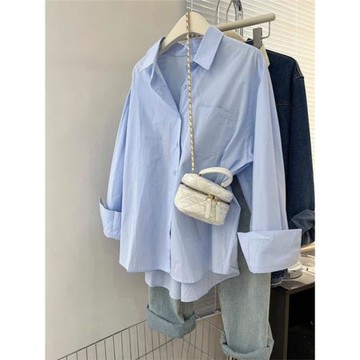 超好看純棉長袖襯衫女2026年春秋裝新款藍色寬松上衣防曬襯衣外套