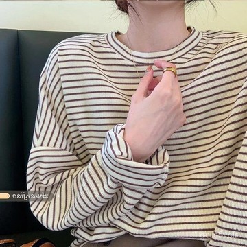 韓版設計感慵懶風條紋長袖T恤薄款寬鬆秋冬新款百搭圓領上衣ins潮 甜美衛衣 秋季長袖T 學生風 韓版寬鬆大學T  長袖T