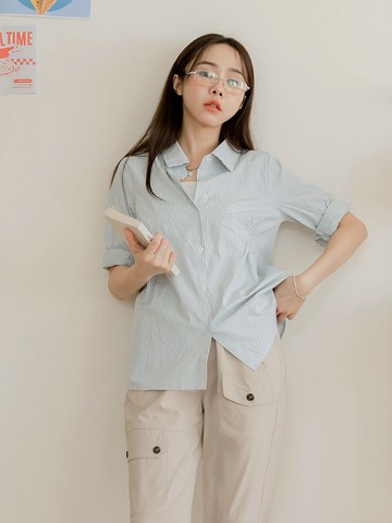 質感條紋造型收腰五分袖襯衫