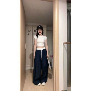 【WYZ】寬鬆直筒寬褲女2026新款美式撞色高腰垂感顯瘦百搭休閒運動長褲