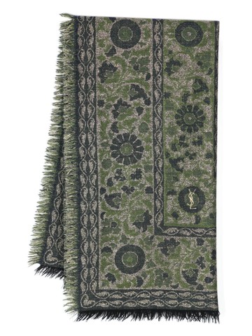 Saint Laurent Pre-Owned - 1980s floral-jacquard scarf - women - Wool/Cotton/Lurex - One Size - Green