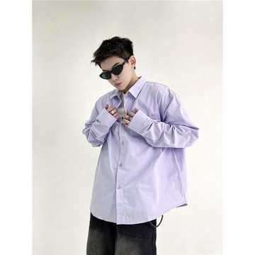 EAT春秋季新款長袖襯衣男生寬松休閑純棉淺紫色百搭簡約純色上衣