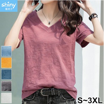 【V3594-2】shiny藍格子-瑕疵特賣．純色V領竹節棉短袖上衣