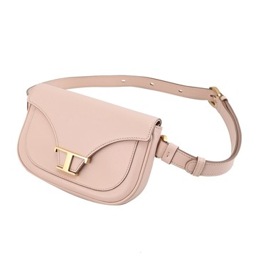 TODS 質感金屬LOGO迷你翻蓋斜背胸口腰包.淺粉