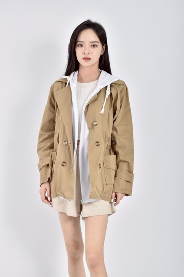 (L) 假兩件連帽風衣棕色外套