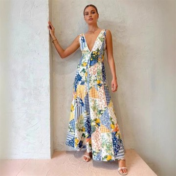 跨境熱款平紋印花連衣裙 棉麻性感印花裙 夏日V領沙灘系列長裙