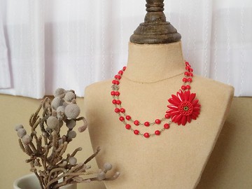 非洲菊胸針和捷克珠雙項鍊 Demiparure紅紅色短長 2way 混搭優雅服裝首飾套裝