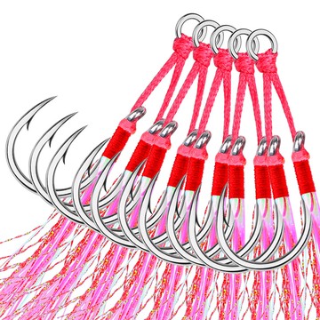 【TTFF】鐵板雙鉤血槽鉤綁魚皮亮絲海釣船釣慢搖鐵板綁毛路亞魚鉤2對漁具現貨批發