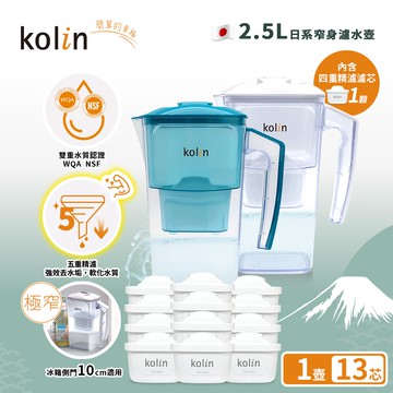 【Kolin 歌林】2.5L濾水壺(內含四重濾芯*1)+五重淨垢濾芯12入(共1壺13芯/適用Brita)