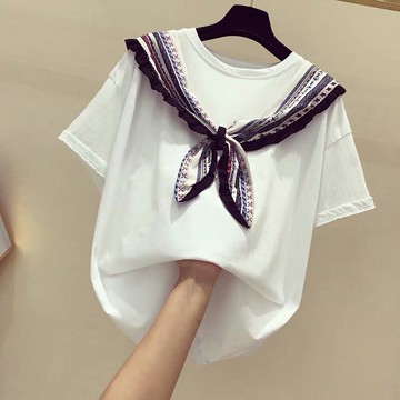 韓版夏裝新款民族絲帶寬松大碼棉質白色打底衫薄款短袖t恤女上衣