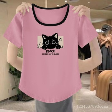 撞色T恤女 多色可選 設計感上衣 小眾短袖T恤 大碼夏裝 T恤女 胖MM上衣 方領T恤 粉色上衣 貓咪印花短袖