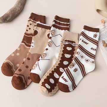 女襪 中幫襪 秋冬 日系可愛復古 咖色小熊格子 百搭 ins潮學生長襪