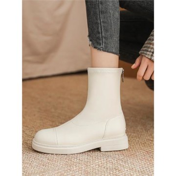 真皮白色馬丁靴女英倫風2023年秋冬加絨彈力瘦瘦單靴顯瘦軟皮短靴