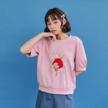 【Dailo】頭巾兔寬鬆繭型袖短袖上衣 藍 粉 灰