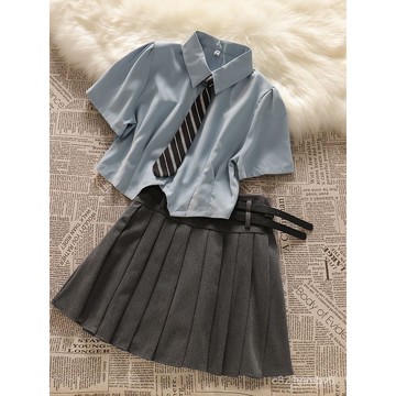 人高腰風短袖上衣套裝女韓係兩件套襯衫短款chic學院風短裙百褶甜辣風女裝 夏天套裝 日系女裝 韓國女裝 小香風女裝 女裝