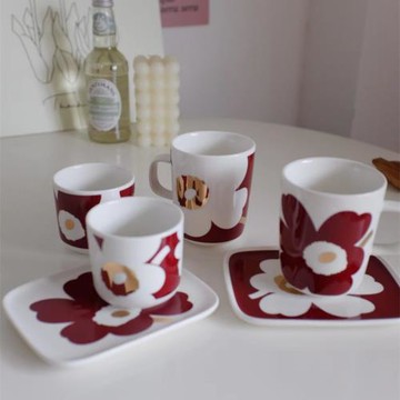 雜置社北歐陶瓷杯方碟馬克杯奶杯咖啡杯秋冬酒紅金色圣誕釉上彩