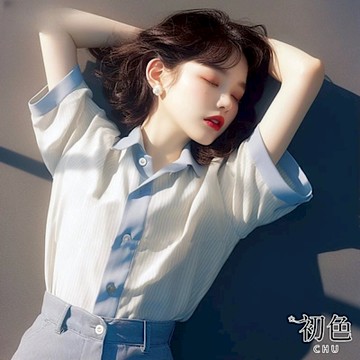 初色 法式輕熟風通勤條紋拼接翻領單排釦短袖襯衫小衫上衣女上衣-藍白條紋 -11455(M-XL可選)