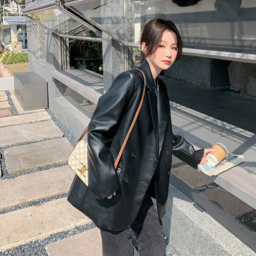 春秋今年流行復古高級感PU皮西裝時尚黑色皮衣外套女