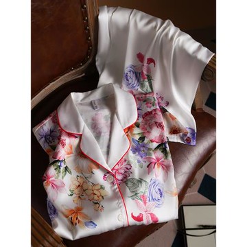 蠶花朵朵夏天真絲睡衣女高級桑蠶絲短袖長褲兩件套薄款絲綢套裝