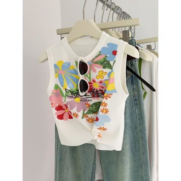 圓領涂鴉印花針織背心女外穿2025年春季新款內搭別致打底無袖上衣