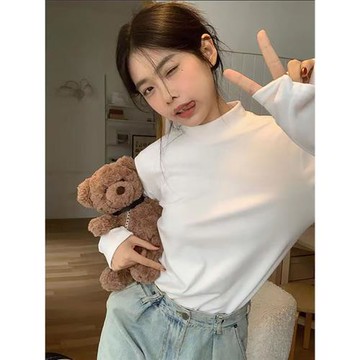 白色德絨半高領打底衫女2025年秋冬加絨加厚保暖內搭寬松長袖上衣