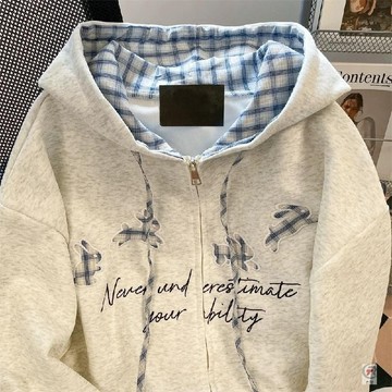 🎈流行女裝🎈美式復古刺繡字母灰色連帽衛衣男女小衆設計感情侶款開衫痞帥外套