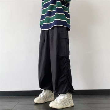 日系垂感寬松闊腿抽繩工裝褲男港風純色復古機能潮牌痞帥休閑長褲