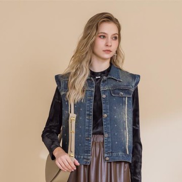 【YUTZUYA 優姿雅】龐克丹寧風抽鬚牛仔點鑽小蓋袖背心