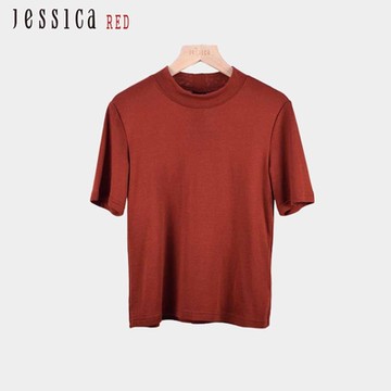 JESSICA RED - 百搭簡約素色混羊毛圓領針織短袖上衣（紅咖）R44600