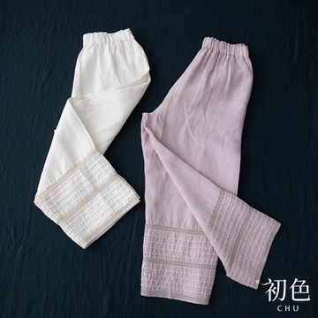 初色 日系花邊拼接鬆緊中腰休閒褲寬褲長褲-共3色-10158(M-2XL可選)