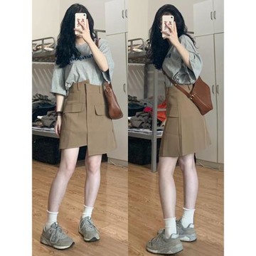 卡其色不規則半身裙女高腰顯瘦秋季大碼胖mm遮肚子遮胯a字短裙子