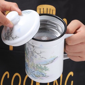歐麗家琺瑯搪瓷 帶304茶漏網漏 帶濾網搪瓷杯老款鐵瓷水缸