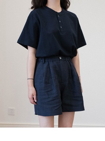 復古寬松極簡約亞麻高腰松緊腰闊腿中性短褲