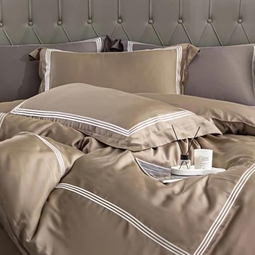 Aaron 艾倫生活家 素色刺繡系列 頂級60支100%萊賽爾天絲歐式壓框枕套  2個  75 x 45cm  焦糖棕