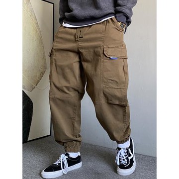 秋冬季美式休閑痞帥重磅加絨大口袋工裝褲男寬松抽繩百搭束腳褲子