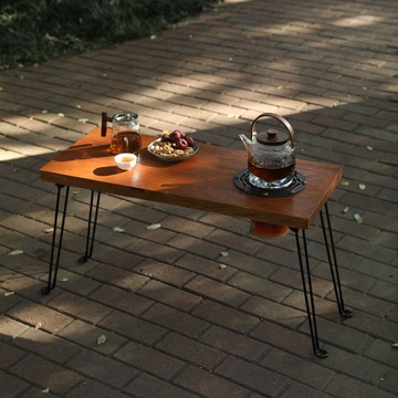 春游野炊露營老榆木圍爐煮茶戶外桌卡式爐便攜折疊桌實木茶桌野外