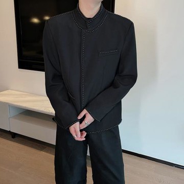 王嘉爾同款重工立領鉚釘小香風夾克外套男短款上衣痞帥高級感西服