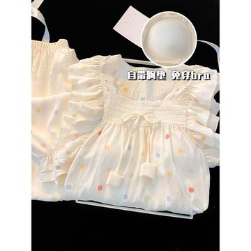 棉綢睡衣女款春秋夏季長袖公主風帶胸墊家居服女士夏天短袖三件套