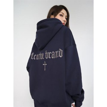 FCURVE秋冬原創美式復古哥特十字架刺繡重磅連帽衛衣拉鏈加絨男女