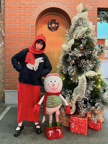 目目玉原創設計口袋提花聖誕節紅色松緊高腰針織半身裙