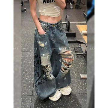 美式潑墨破洞牛仔褲女夏季設計感高街褲子辣妹穿搭個性印花闊腿褲