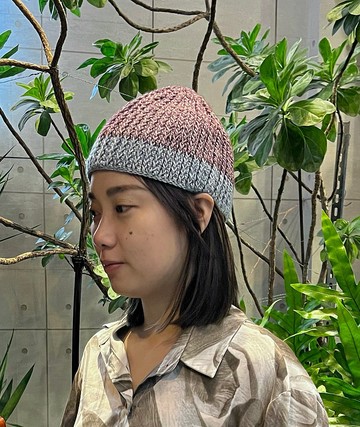 輕保暖手鉤編織棉線帽-茄紫+丹寧藍 透氣舒適