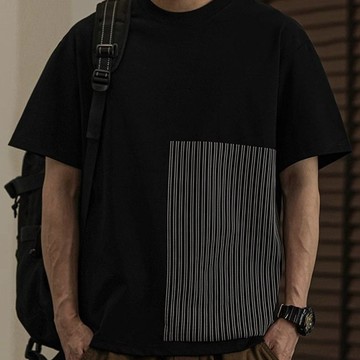 美式拼接短袖T恤夏季圓領條紋男士半袖新款上衣潮流寬鬆體恤