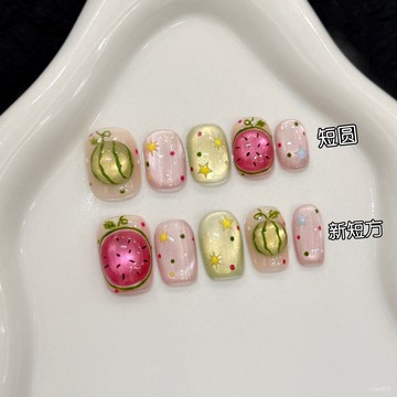 💟加一手工甲💅🏻藝禾穿戴甲【西瓜次郎】可愛手繪捏捏西瓜貓眼手繪塗鴉手工美甲貼純手工穿戴甲 O0M2