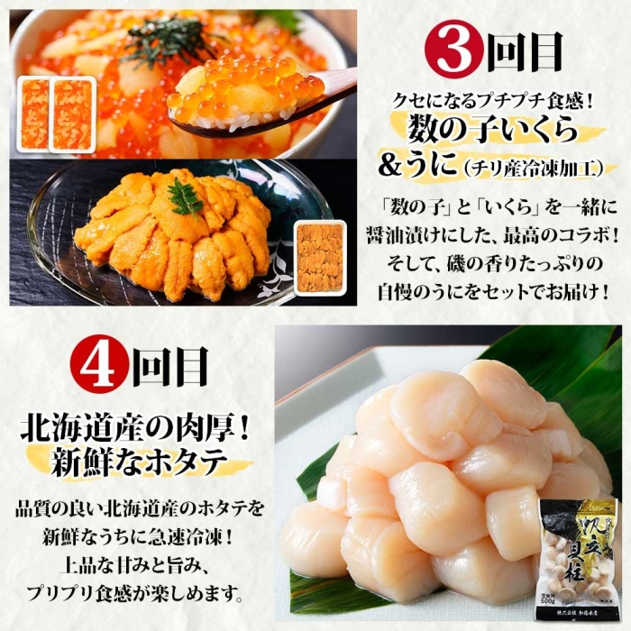 ■定期便■ 1582.蟹 海鮮 頒布会 全4回 ズワイガニ足 1kg 鱒いくら 醤油漬け 100g×2個 数の子いくら 100g×2個 ウニ 雲丹 ホタテ かに 蟹 カニ 送料無料 北海道 弟子屈町