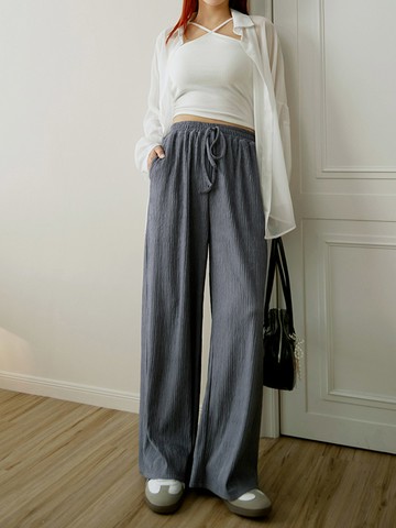 皺皺紋理抽繩綁帶直筒寬褲
