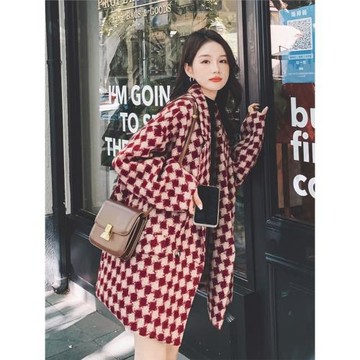 高級感小個子呢紅色格紋毛呢外套女2025年秋冬新款中長款格子大衣