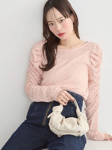 肩抓褶設計透膚蕾絲長袖上衣(01000128000) - earth music&ecology