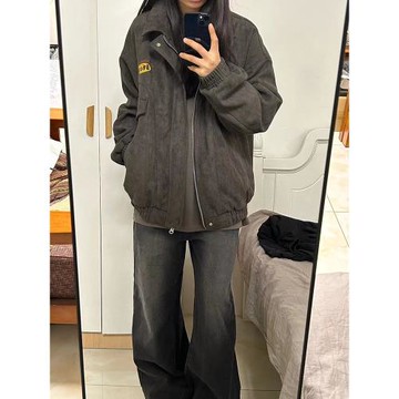 vintage美式復古麂皮絨字母繡花機車夾克女生春秋美拉德短外套潮